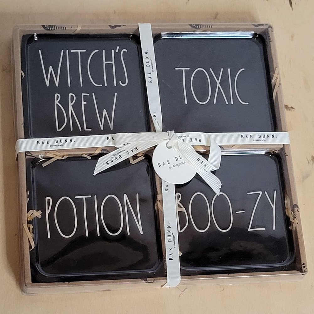 Rae Dunn Halloween Coasters Set of 4 Black White Writing New Unused Original Pkg